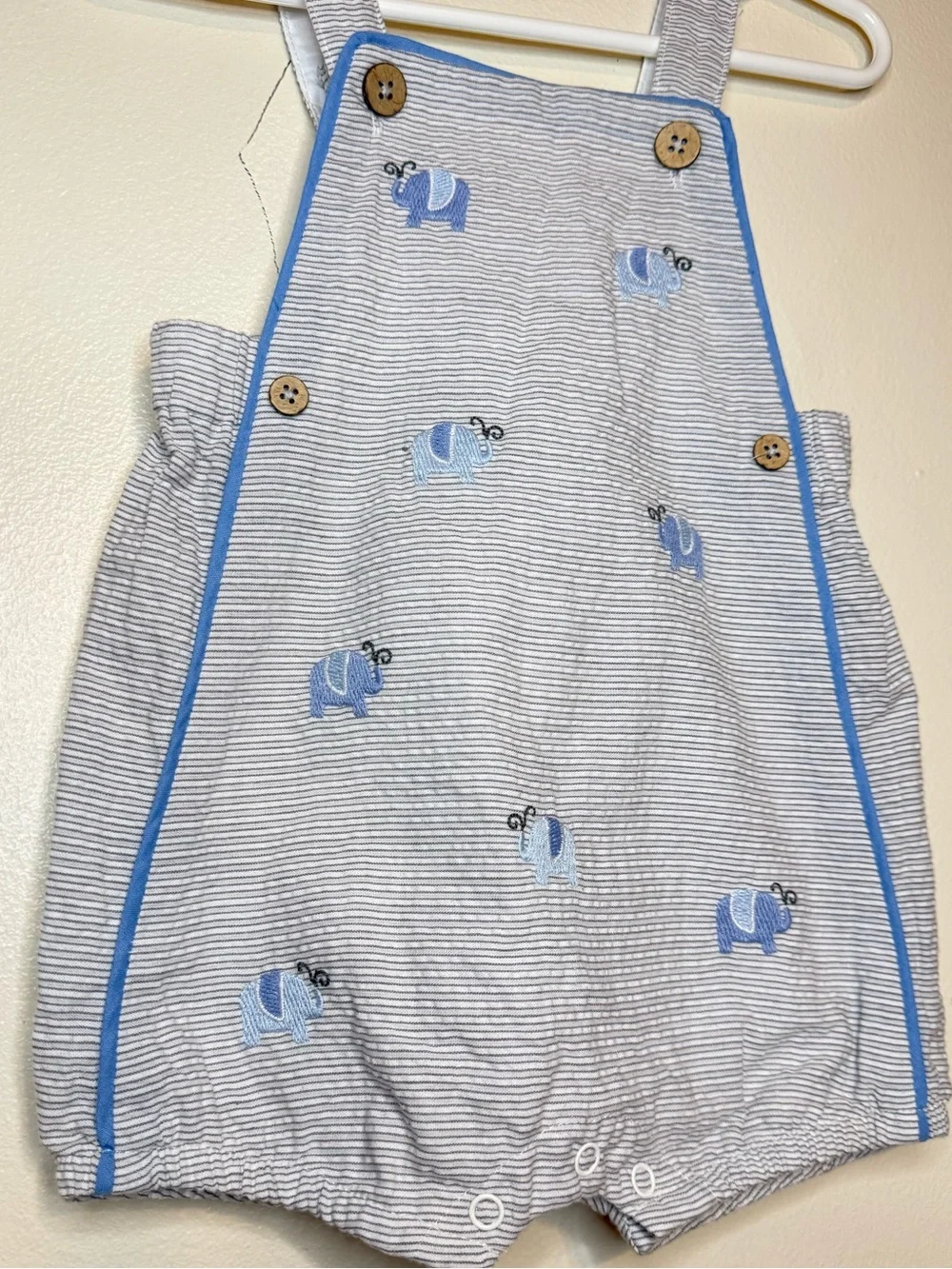 Mudpie Overall Shorts Shortalls Romper Striped With Elephants 6-9 Months